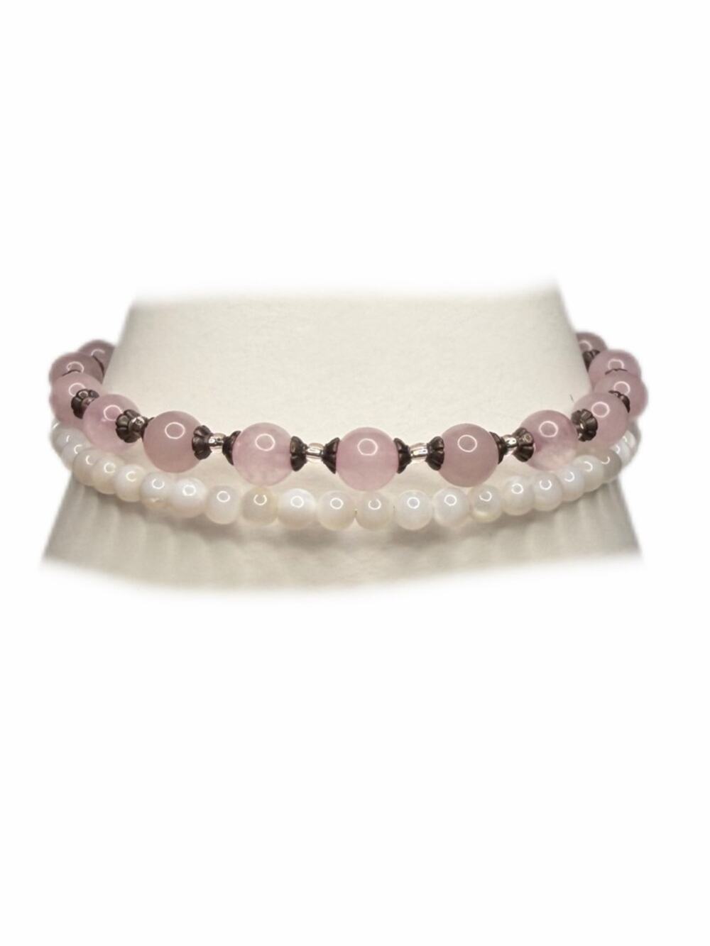 Pink Rose Quartz and White Beads memory wire Bracelet Handmade